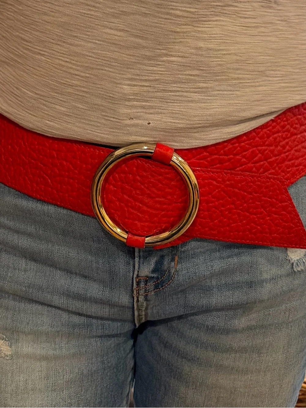 Vintage Cipriani Wide Tomato Red Buffalo Pebbled Gold Ring Buckle M/L Statement